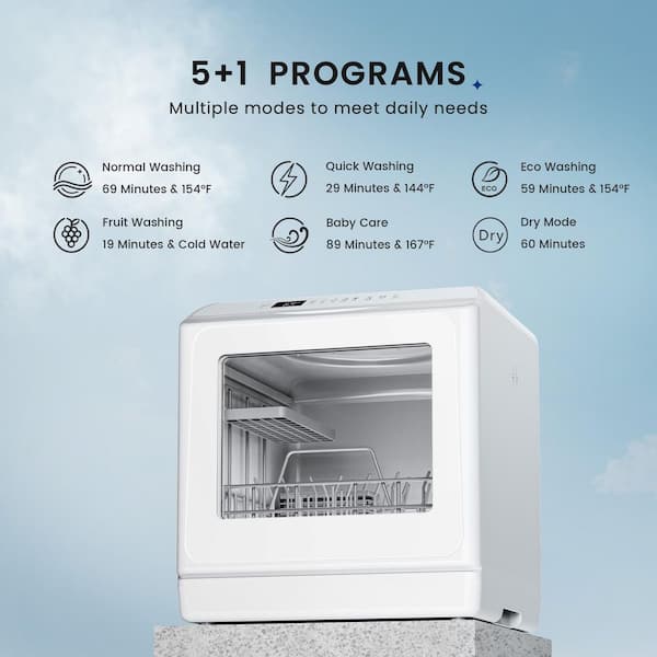 17 in. Portable Countertop Dishwasher in White with 6-Cycles, 4-Place Settings Capacity