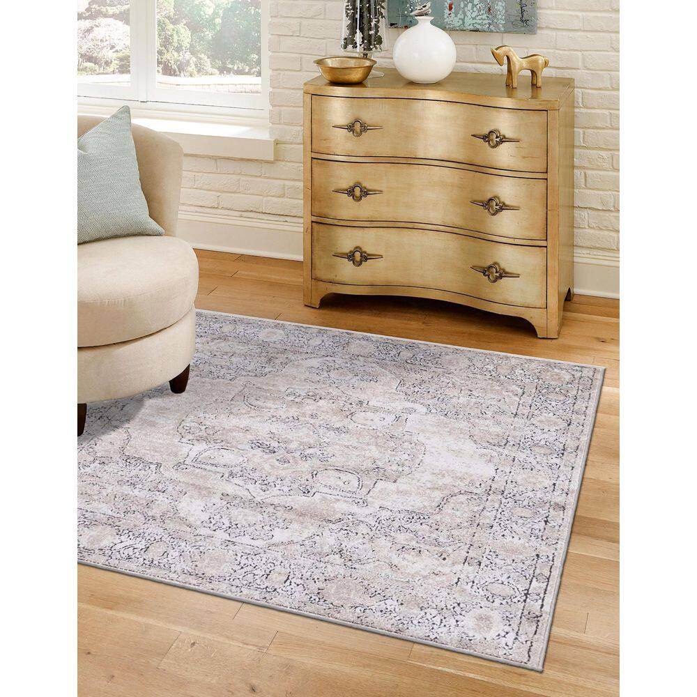 Modern Elegance Ivory & Gray Square Synthetic Area Rug, 4' x 4'