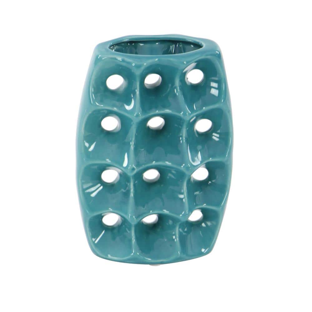 Modern Blue Ceramic Trio Vase Set with Textured Embellishments