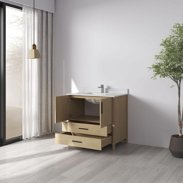 Nodus 36 in. W x 22 in. D x 34 in. H Single Sink Freestanding Bath Vanity in Oak with White Carrara Cultured Marble Top