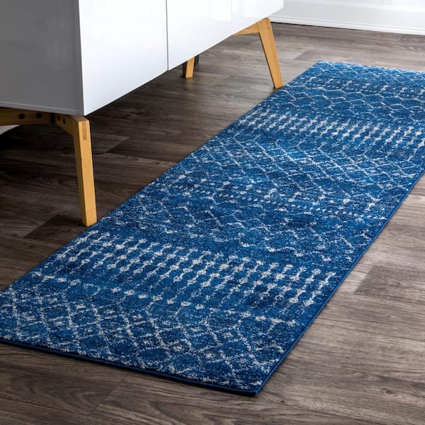 Blythe Modern Moroccan Trellis 3 ft. x 8 ft. Blue Runner Rug