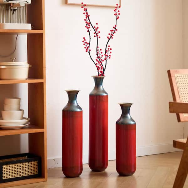 20.5"/24.4"/28.4" 3-Pc Red Bottled Modern Droplet Floor Vase Set-Glazed Metal, Large Vases for Home Decor