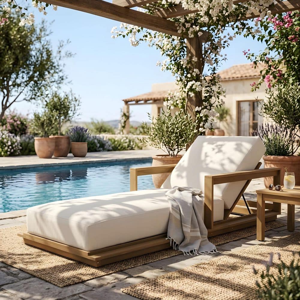 Vito Light Teak 1-Piece Acacia Wood Patio Outdoor Chaise Lounge with Beige Cushions, Adjustable Backrest price history on PriceWatchPro