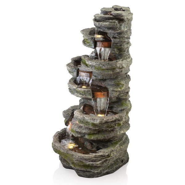 58 in. Tall Outdoor 8-Tier Rainforest Rock Water Fountain with LED Lights