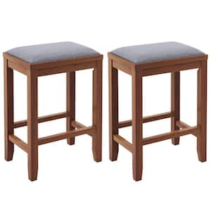 25 in. 2-Piece Brown Gray Backless Wood Counter Bar Stool with Linen Seat