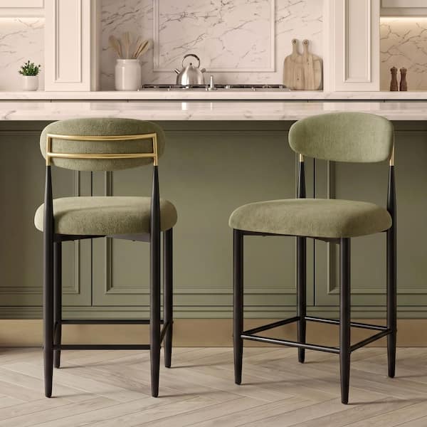 Moss Green Chenille 26 in. Counter Stool Upholstered Bar Stool Kitchen Armless Island Stool with Metal Frame (Set of 2)