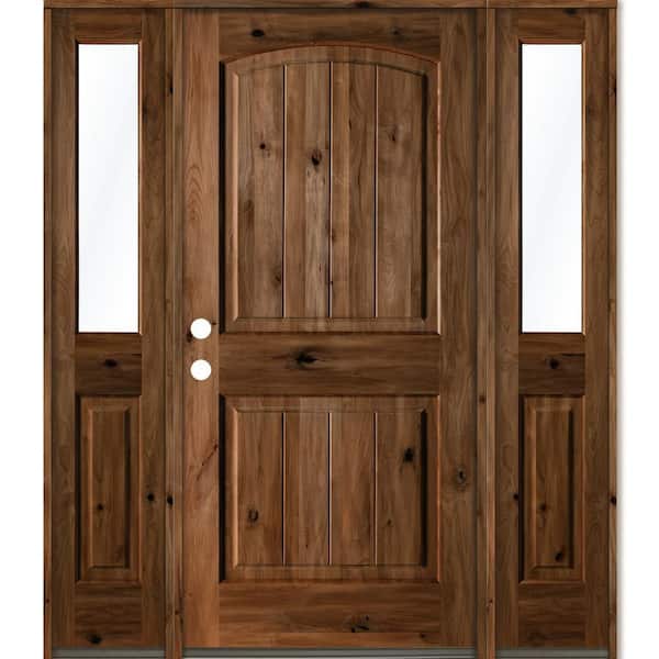 Krosswood Doors 70 in. x 80 in. Rustic Alder Arch Provincial Stained Wood with V-Groove Right Hand Single Prehung Front Door