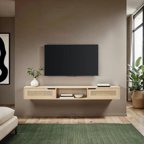 Walker Edison Furniture Company 70 in. Modern Floating Coastal Oak Wood TV Stand with 2 Faux Rattan Doors (Max TV Size 80 in.)