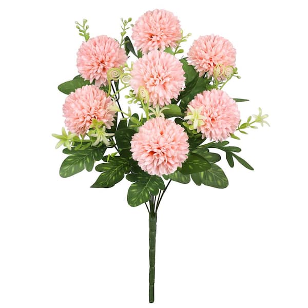 LIVING LUXURY 16 in. Peach Artificial Pom Mum Flower Stem Bush Bouquet ...