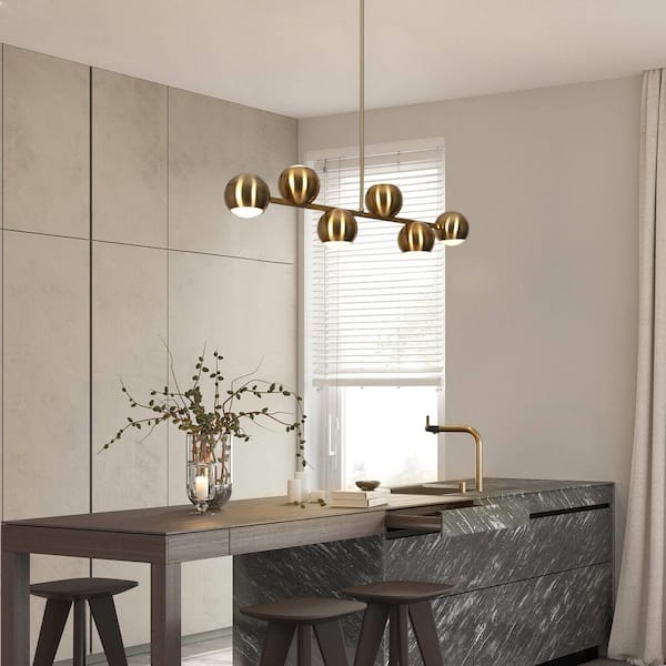 Modern Integrated LED Chandelier, 30 in. 6-Light Polished Brass Sputnik Chandelier, Farmhouse LED Island Pendant Light