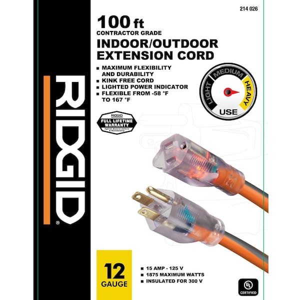 RIDGID 100 ft. 12/3 Heavy Duty Indoor/Outdoor Extension Cord with Lighted  End, Orange/Grey 74100RGD - The Home Depot