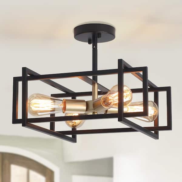 ZJVAIVE 14.96 in. 4-Light Geometric Black and Gold Modern Semi-Flush Mount Ceiling Light with No Bulbs Included