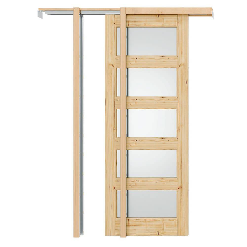 30 in. x 80 in. 5-Lite Frosted Glass, Light Brown, Solid Pine Wood, Assembly Required Pocket Door with All Hardware price history on PriceWatchPro