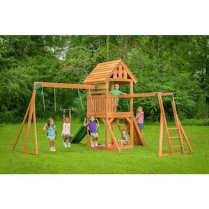 Mountain View Lodge Playset with Wooden Roof, Monkey Bars, Green Swing Set Accessories and Green Slide