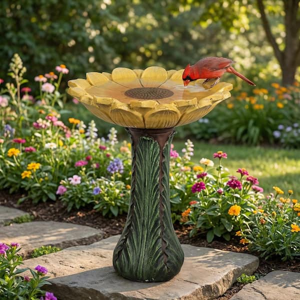 Sunflower Series 24.4 in. H Yellow Fibre-Reinforced Concrete Bird Bath Outdoor Decor for Garden, Patio, Yard, Deck