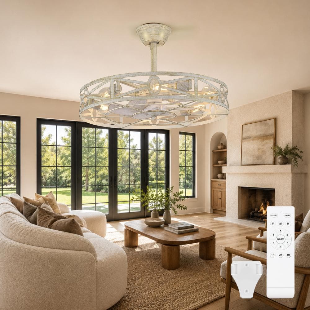 24 in. Concrete Gray Downrod Mount Caged Farmhouse Ceiling Fan with Light E26*4 (excl. bulbs) Industrial with Remote price history on PriceWatchPro