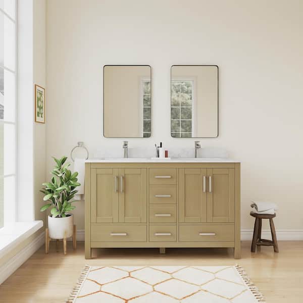 Thera 55 in. W x 22 in. D x 34 in. H Double Sink Freestanding Bath Vanity in Oak w/ Large Vein White Cultured Marble Top