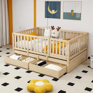 Detachable Natural Full Size Wood Daybed with Fence Guardrails, 2-Drawer, Split into Independent Floor Bed and Daybed