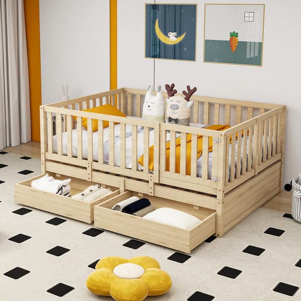 Wooden Floor bed Playpen with extended rail, Full size