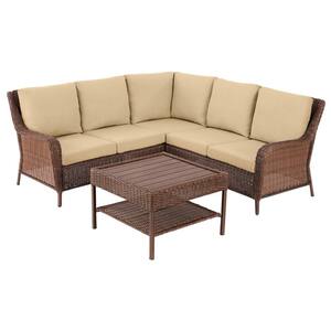 Cambridge 4-Piece Brown Wicker Outdoor Patio Sectional Sofa and Table with Bare Cushion
