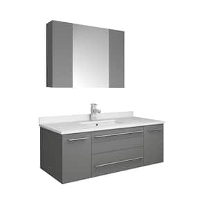 Lucera 42 in. W Wall Hung Vanity in Gray with Quartz Stone Vanity Top in White with White Basin and Medicine Cabinet