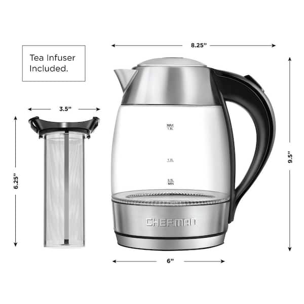 Chefman Electric Glass Kettle W/ Tea Infuser, Stainless Steel, 1.8 Liters 