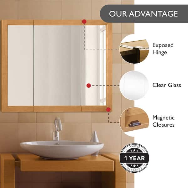 Design House Richland 36 in. W x 30 in. H x 4-4/5 in. D Framed Tri-View Surface-Mount Bathroom Medicine Cabinet in Nutmeg Oak