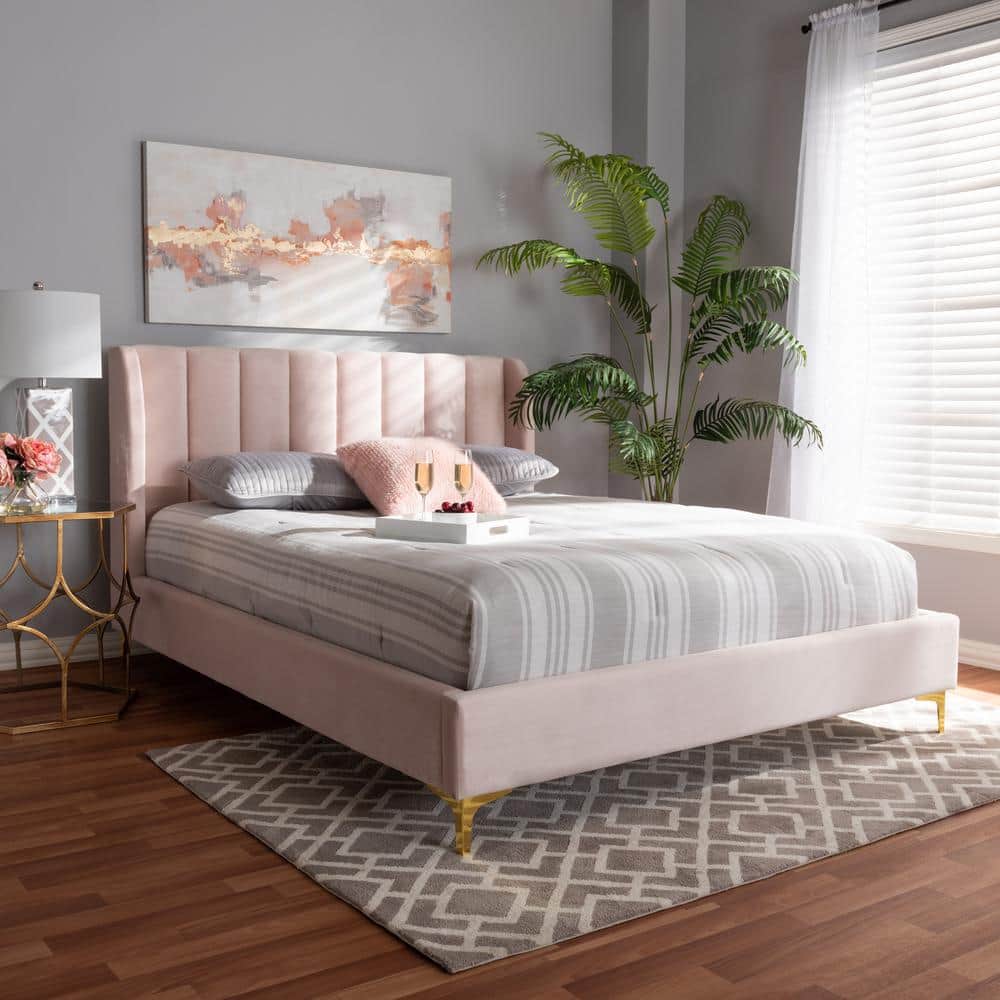 Light Pink Velvet Upholstered Queen Platform Bed with Gold Legs