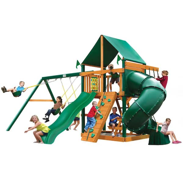 Gorilla Playsets Mountaineer Wooden Swing Set with Green Vinyl Canopy, Timber Shield Posts and Tube Slide