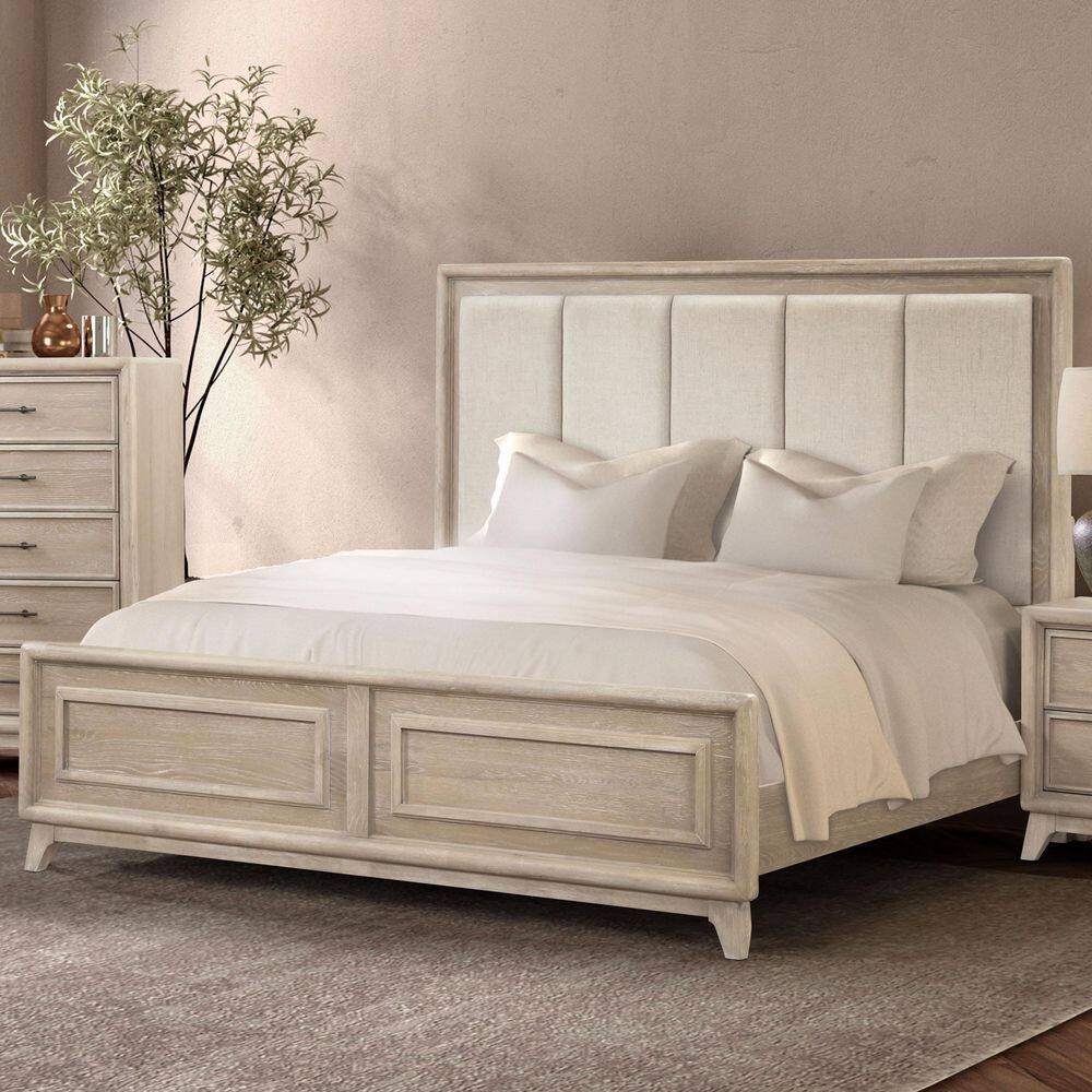 Liston Brown Oak Wood Frame King Panel Bed with Channel Padded Headboard and Bracketed Feet