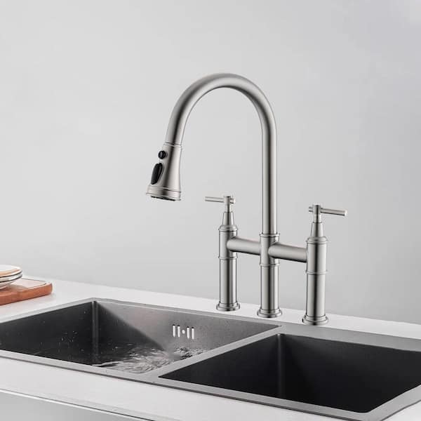 Double Handle Bridge Pull Down Sprayer Kitchen Faucet in Brushed Nickel