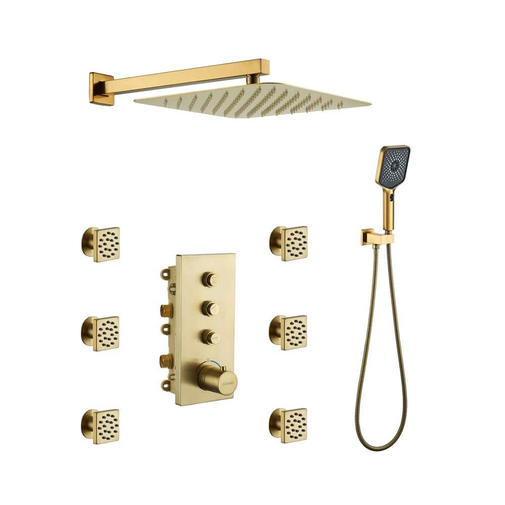 Boyel Living Thermostatic 12 in. 3-Spray Dual Wall Mount Fixed and Handheld Shower Head 1.8 GPM with 6 Body Jets in Brushed Gold