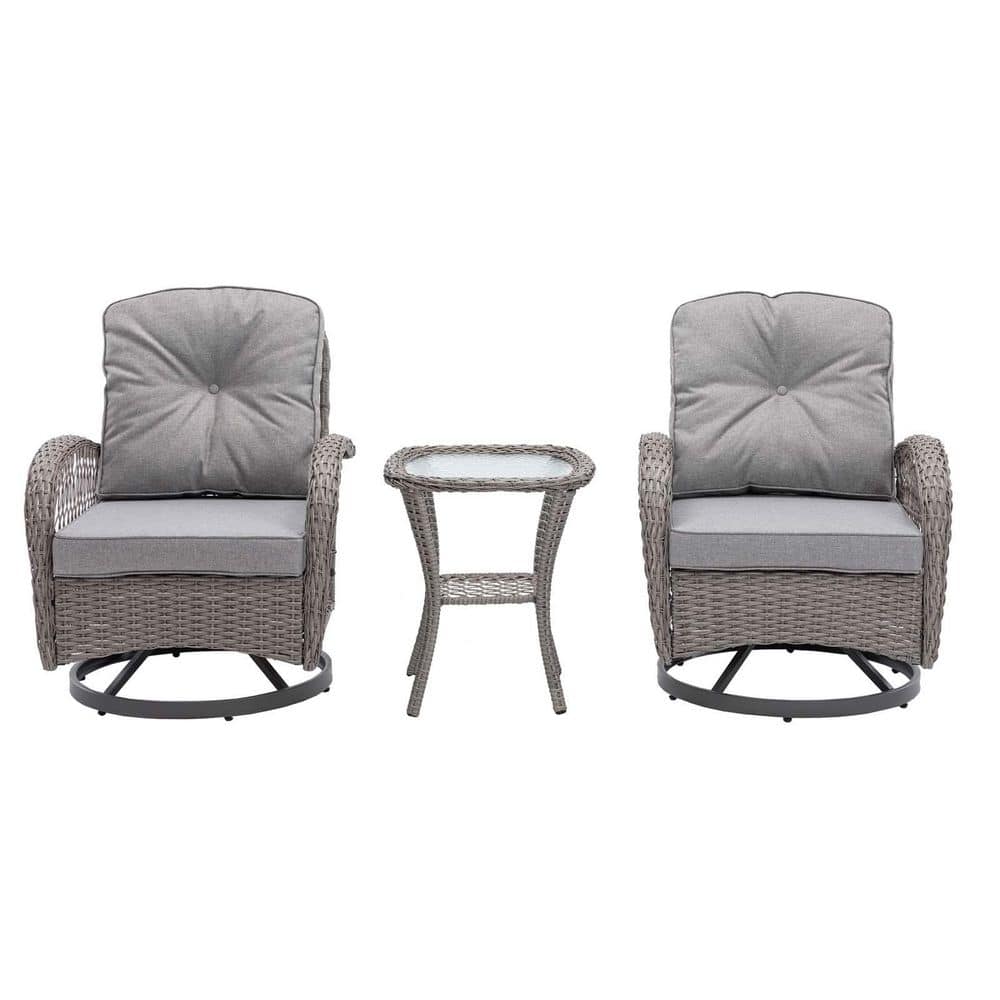 Gray 3-Piece Metal Patio Conversation Set with Thickened Cushions and Glass