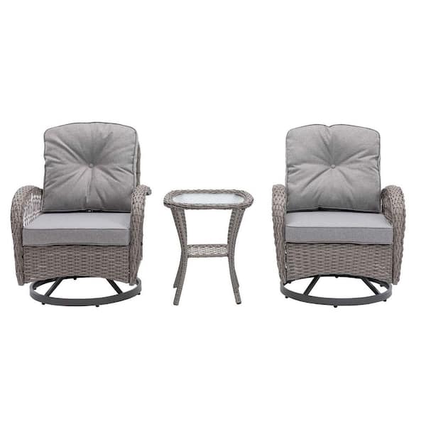 Unbranded Gray 3-Piece Metal Patio Conversation Set with Thickened Cushions and Glass Coffee for Backyard, Poolside