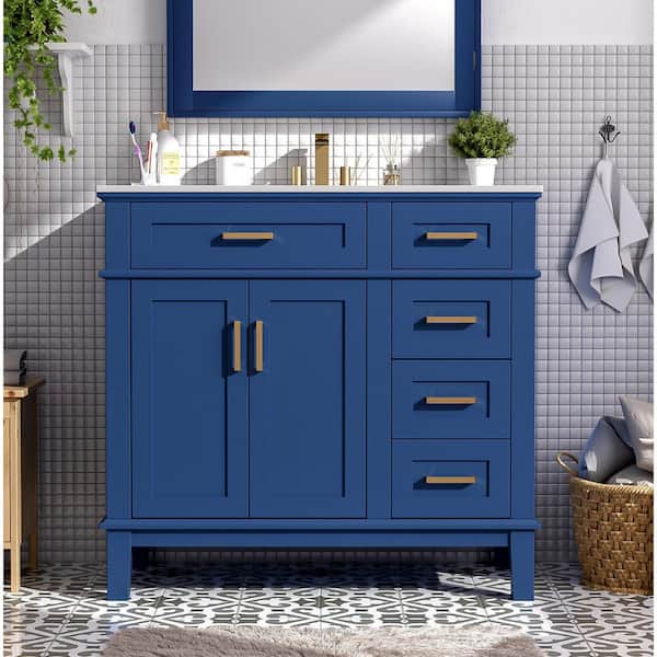 36 in. W Single Sink Freestanding Bath Vanity in Blue with White Ceramic Top, 2-Soft Close Doors and 4-Drawers
