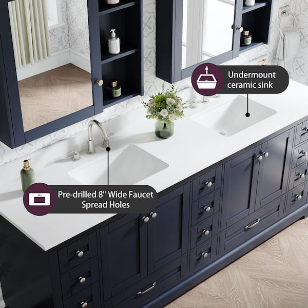 80 in. Freestanding Solid Wood Navy Bath Vanity with White Cultured Marble Top Assembled, Soft-close Door and Drawer
