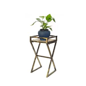 27 in. Gray Stone Slab Black/Gold Metal Plant Stand