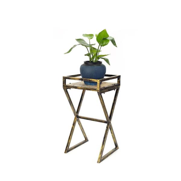 ORE International 27 in. Gray Stone Slab Black/Gold Metal Plant Stand