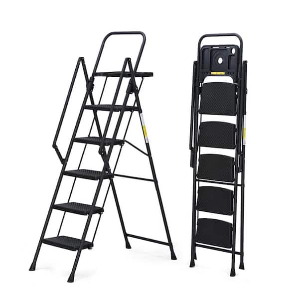 70.86 in. Indoor and Outdoor Black Foldable 5-Level Steel Step Stool Ladder with Non-Slip Treads and Tool Tray