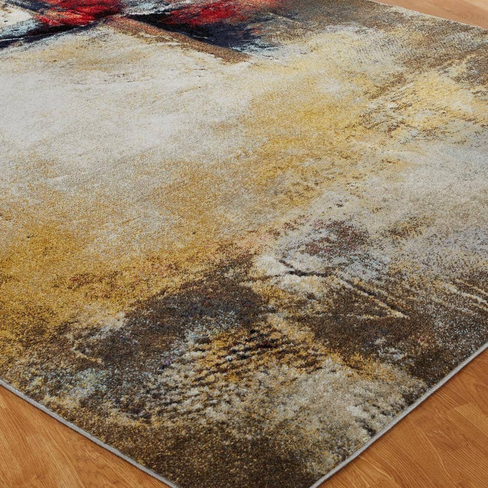 Ivory and Red Abstract Synthetic Rectangular Area Rug