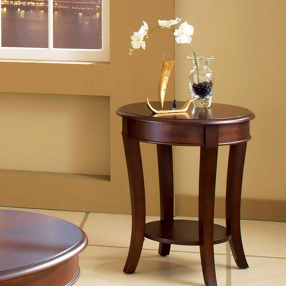 Cherry Brown Round Wood and Metal End Table