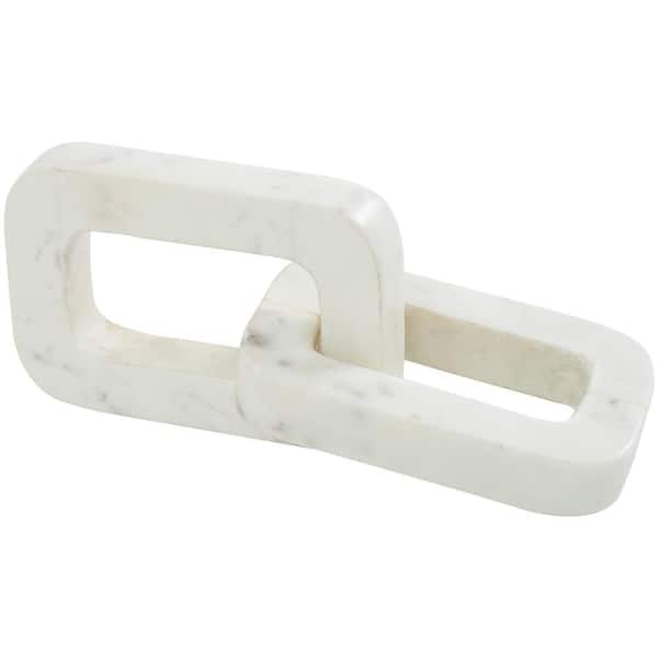 Litton Lane 4 in. x 3 in. White Marble Geometric 2 Link Chain Sculpture