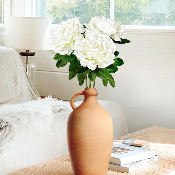 30 in. Large Cream White Artificial Velvet Peony Flower Stem Spray (Set of 3)