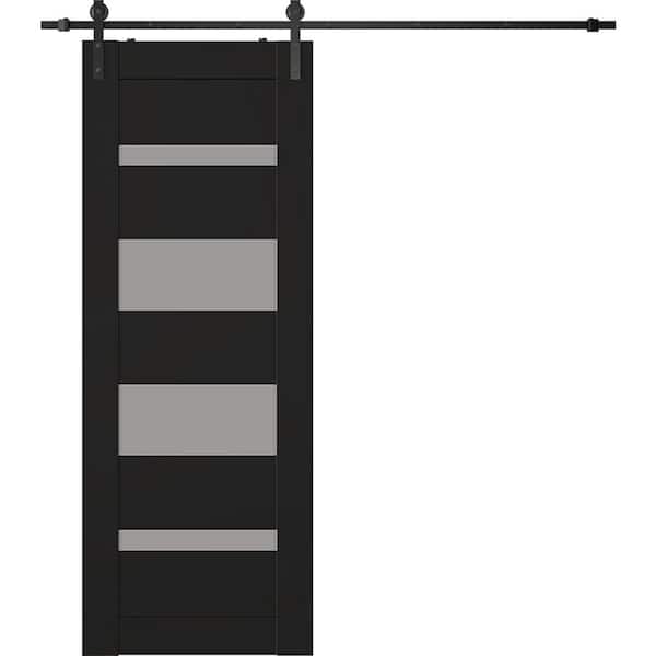 Belldinni Mirella 18 in. x 80 in. 4-Lite Frosted Glass Black Matte Wood Composite Sliding Barn Door with Hardware Kit