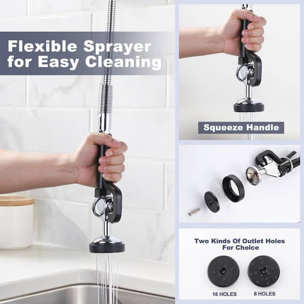 Brass Deck Mount Commercial Triple Handle Pull Down Sprayer Kitchen Faucet with Pre-Rinse Sprayer in Polished Chrome