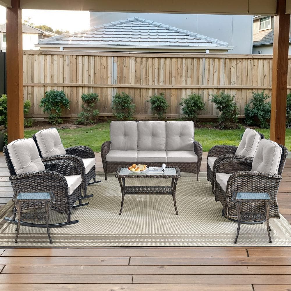 Brown 8-Piece Wicker Patio Conversation Set with Swivel Rockers, Outdoor Sofa Seating Set with Olefin Beige Cushions price history on PriceWatchPro