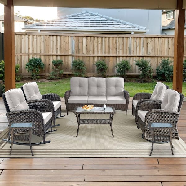 Opohoro Brown 8-Piece Wicker Patio Conversation Set with Swivel Rockers, Outdoor Sofa Seating Set with Olefin Beige Cushions