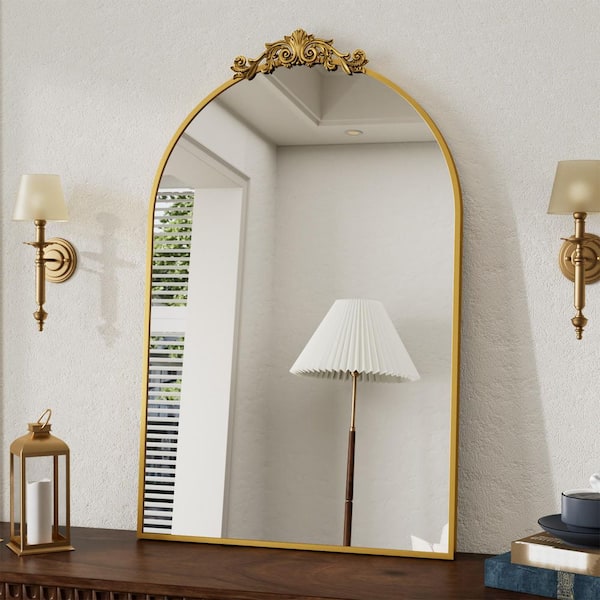 Gold 24 in. W x 36 in. H Modern Arched Carved Aluminum Alloy Framed Decoration Wall Mirror