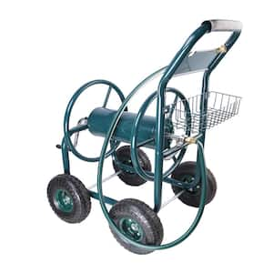 Garden Hose Reel Cart, Heavy-Duty Hose Rack, 4-Wheeled Portable Cart with Storage Basket, Green