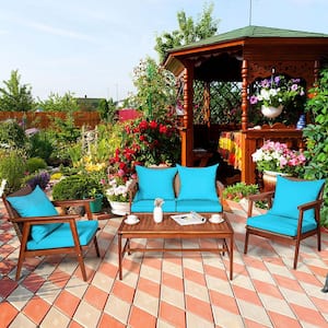 4-Pieces Wicker Patio Conversation Set Acacia Wood Frame with Turquoise Cushions